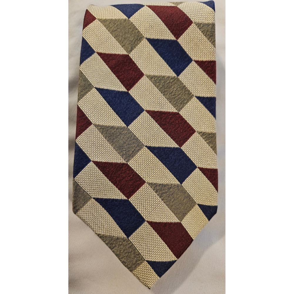 Fairfax J Riggins Mens Silk Tie Geometric Block Burgundy Navy Blue Olive Green